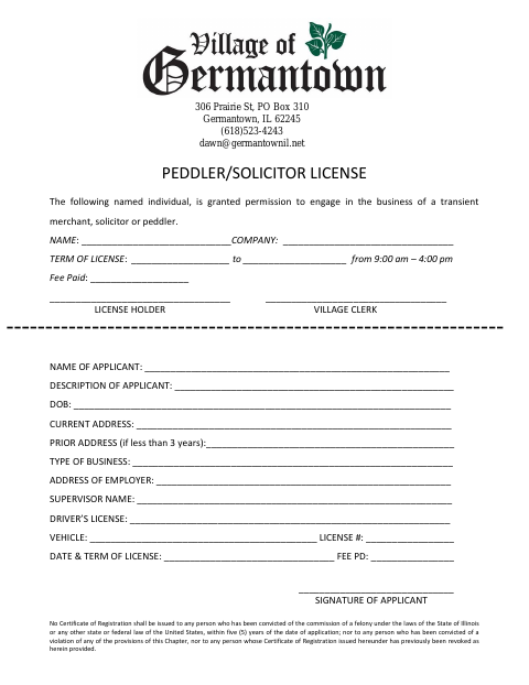 First page of the Peddler/Solicitor License