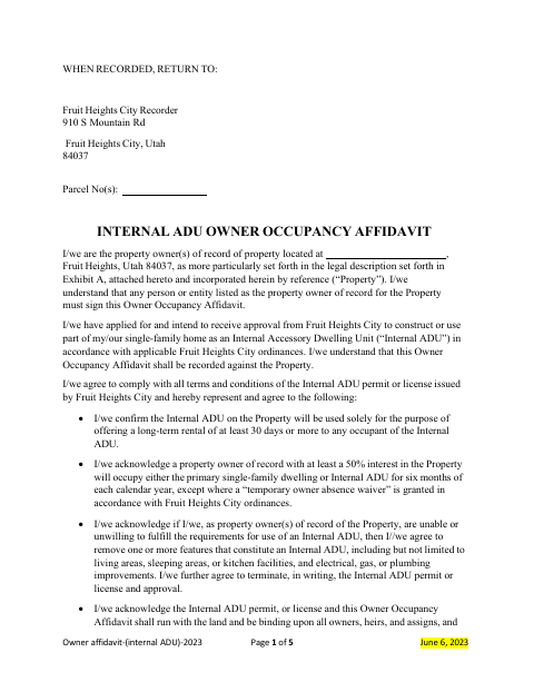 First page of the Internal ADU Owner Occupancy Affidavit