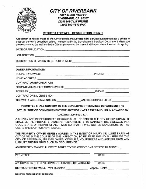 First page of the Well Destruction Permit Application