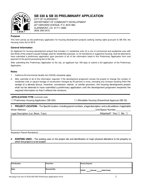 First page of the SB 330 & SB 35 Preliminary Application