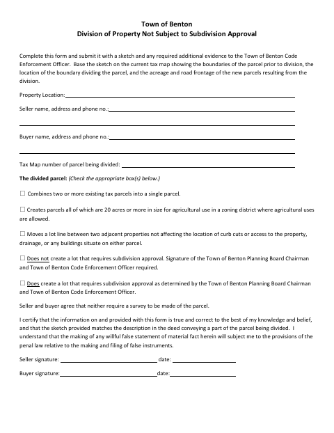 First page of the Division of Property Not Subject to Subdivision Approval