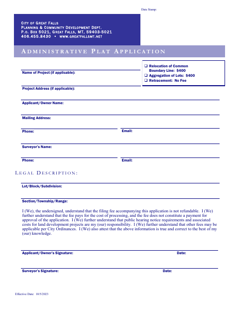 First page of the Administrative Plat Application