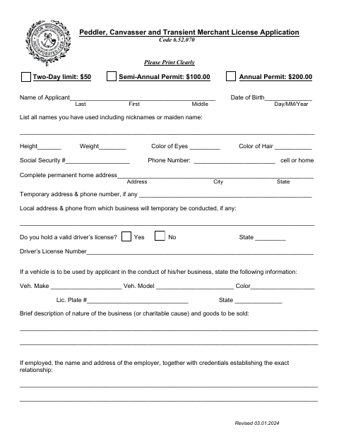 First page of the Peddler, Canvasser and Transient Merchant License Application