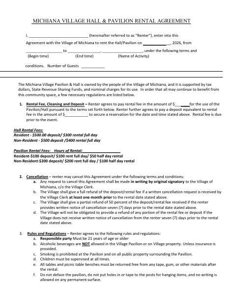 First page of the Village Hall & Pavilion Rental Agreement