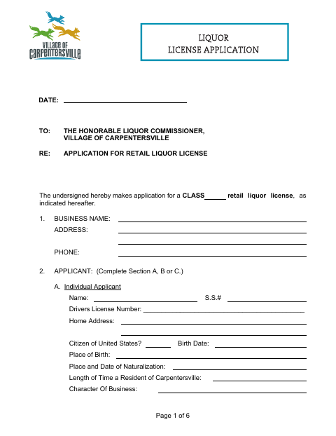 First page of the Retail Liquor License Application
