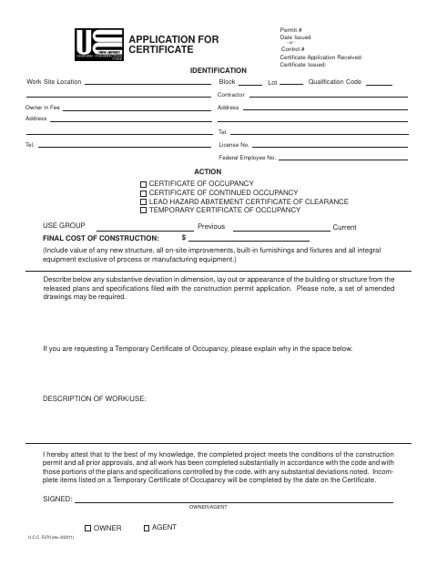 First page of the Application for Certificate