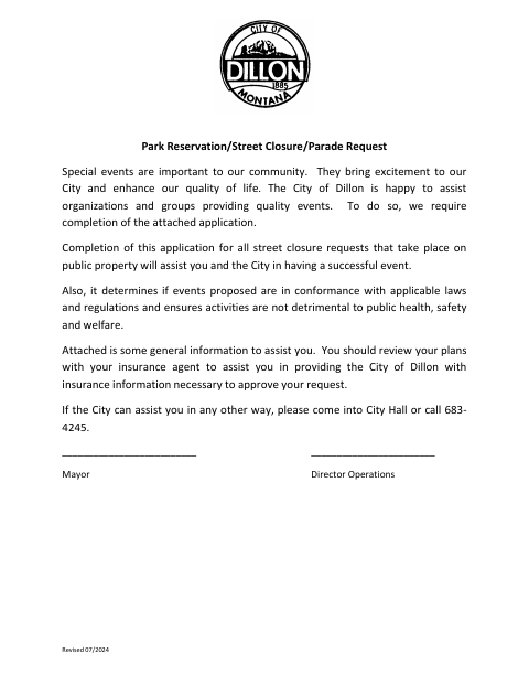 First page of the Park Reservation, Street Closure, and Parade Request
