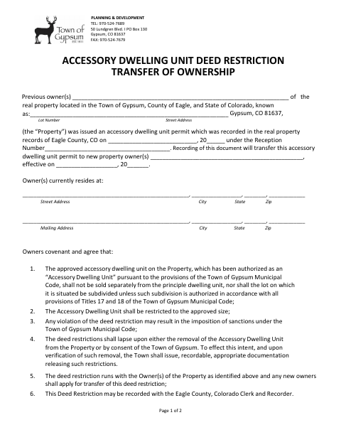First page of the Accessory Dwelling Unit Deed Restriction Transfer