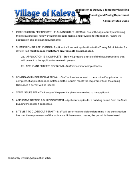 First page of the Temporary Dwelling Application