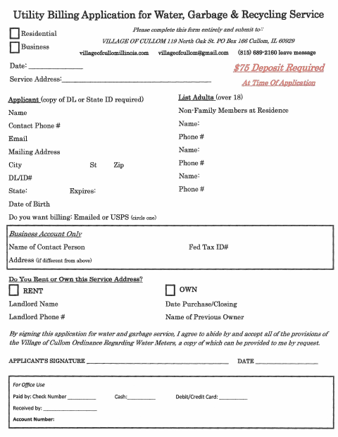 First page of the Utility Billing Application for Water, Garbage & Recycling Service