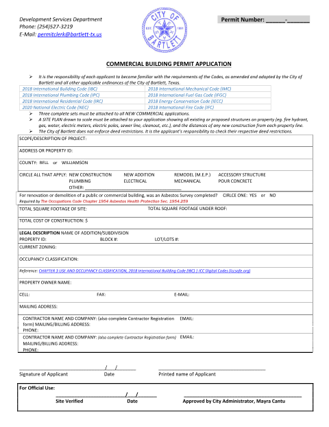 First page of the Commercial Building Permit Application