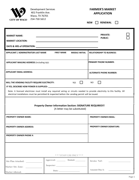 First page of the Farmer's Market Permit Application