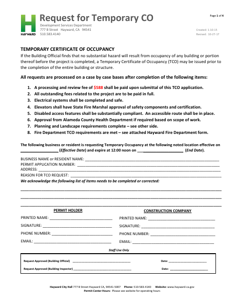 First page of the Temporary Certificate Of Occupancy Request