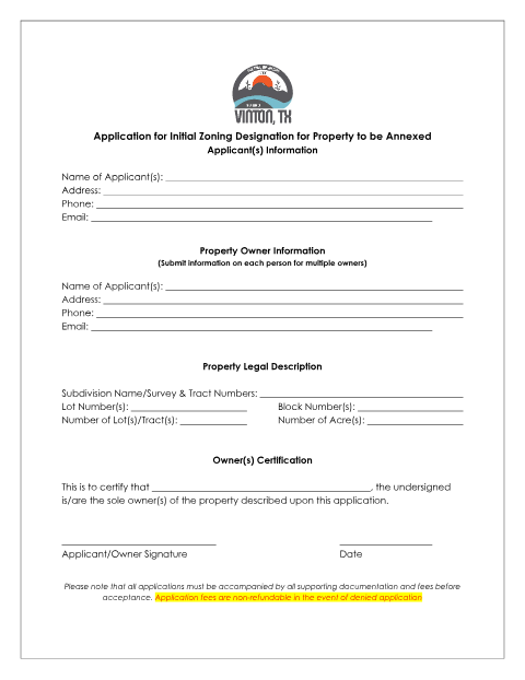 First page of the Application for Initial Zoning Designation for Property to Be Annexed