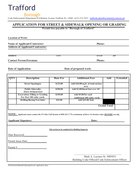 First page of the Application for Street and Sidewalk Opening or Grading