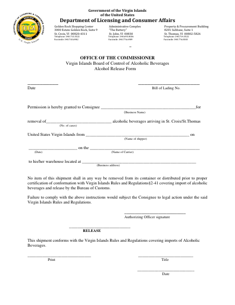 First page of the Alcohol Release Form