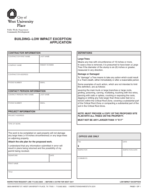 First page of the Building–Low Impact Exception Application