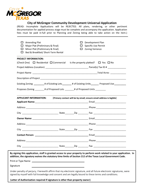 First page of the Community Development Universal Application