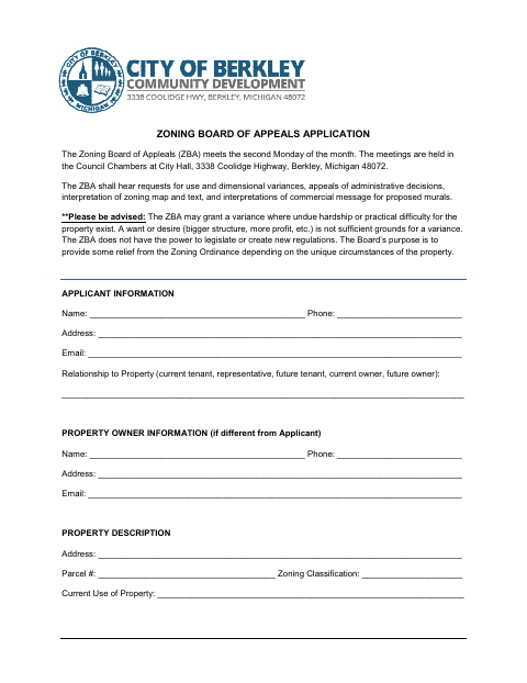 First page of the Zoning Board of Appeals Variance Application