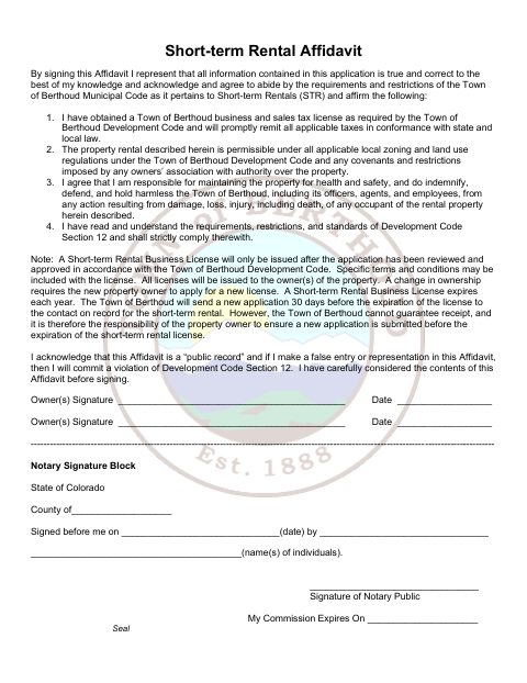 First page of the Short-Term Rental Affidavit