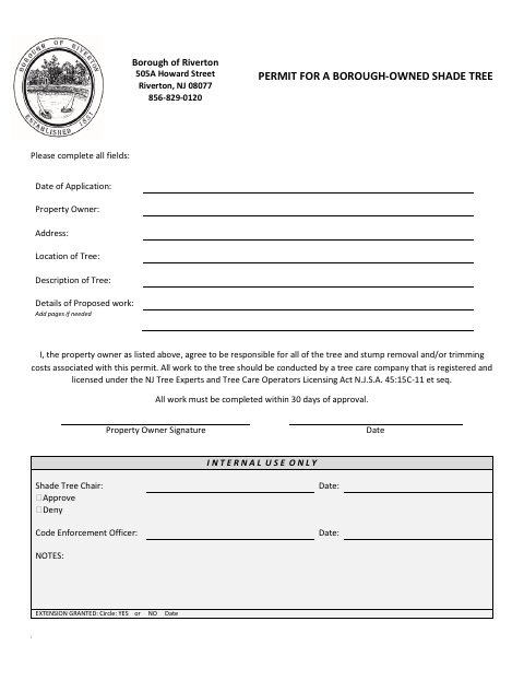 First page of the Permit for a Borough-Owned Shade Tree