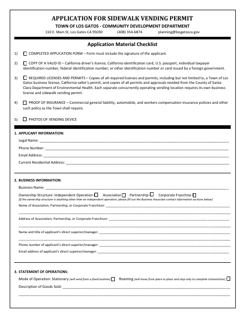 First page of the Application for Sidewalk Vending Permit
