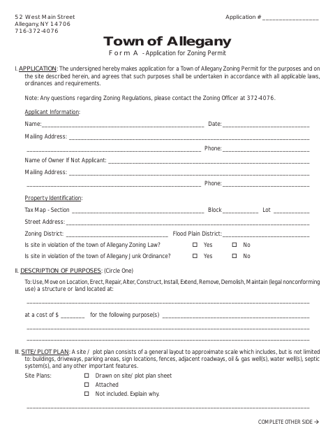 First page of the Form A - Application for Zoning Permit