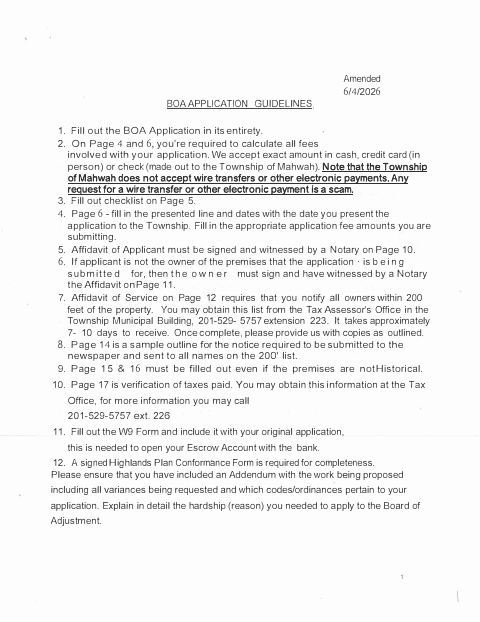 First page of the Board of Adjustment Application