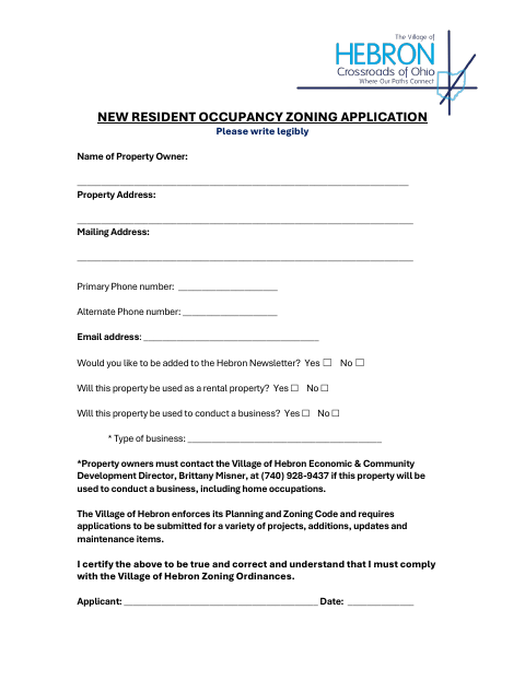 First page of the New Resident Occupancy Zoning Application