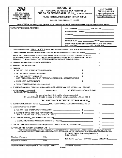 First page of the Individual Tax Return (Form IR)