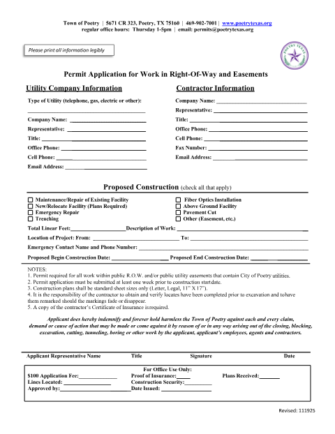 First page of the Permit Application for Work in Right-of-Way and Easements