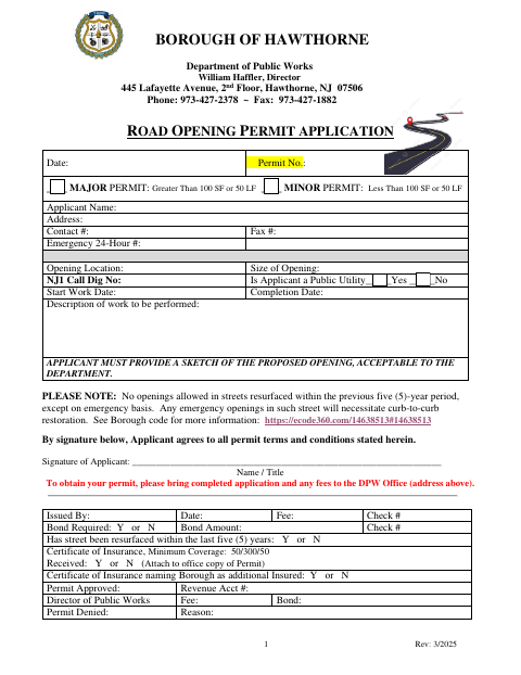 First page of the Road Opening Permit Application