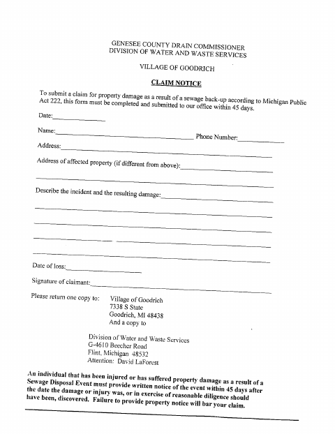 First page of the Genesee County Claim Notice