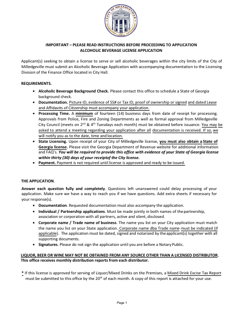 First page of the Alcoholic Beverage License Application