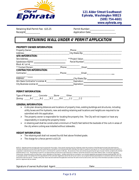 First page of the Retaining Wall Under 4' Permit Application