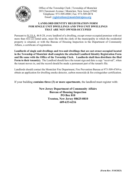 First page of the Landlord Identity Registration Form for Single- and Two-Unit Dwellings