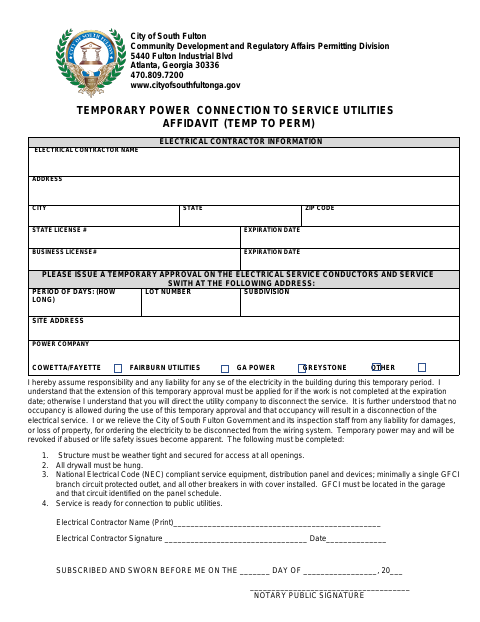 First page of the Temporary Power Connection to Service Utilities Affidavit