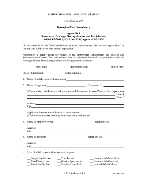 First page of the Stormwater Drainage Plan Application