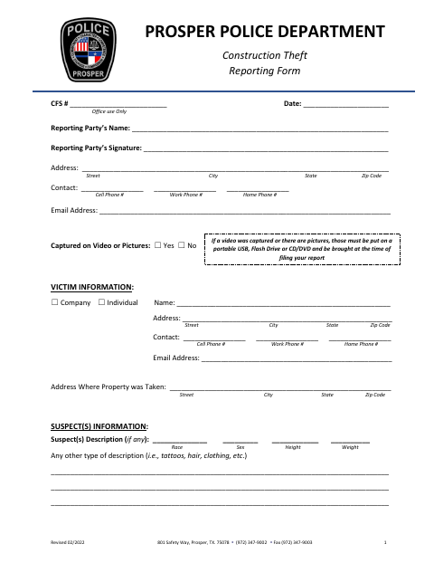 First page of the Construction Theft Reporting Form