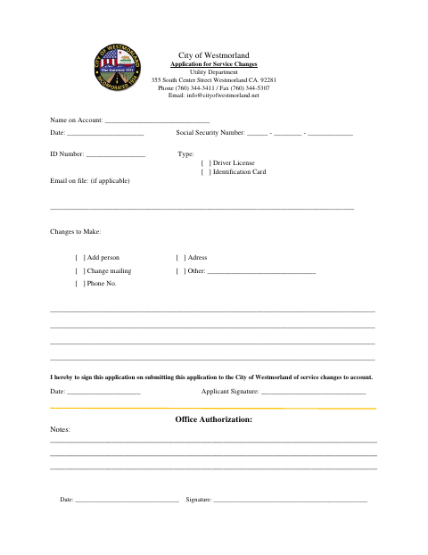 First page of the Application for Service Changes