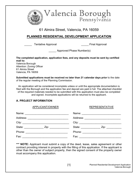 First page of the Planned Residential Development Application