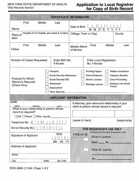 First page of the Application for Copy of Birth Record