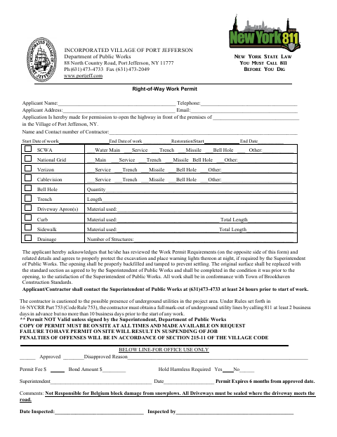 First page of the Right-of-Way Work Permit