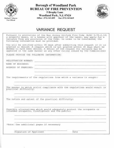First page of the Fire Prevention Variance Request
