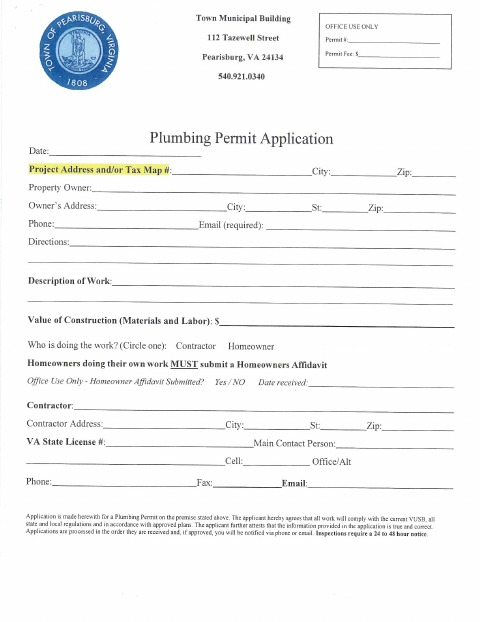 First page of the Plumbing Permit Application