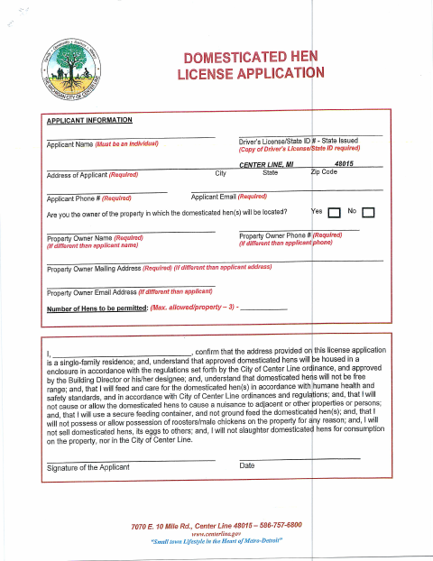First page of the Domesticated Hen License Application