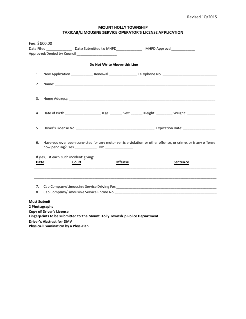 First page of the Taxicab/Limousine Service Operator’s License Application