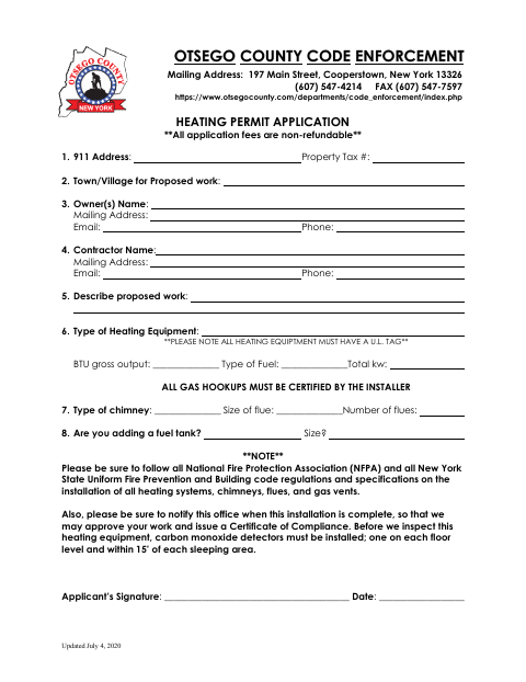 First page of the Heating Permit Application