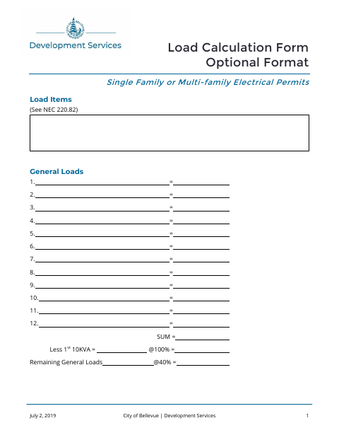 First page of the Load Calculation Form Optional Format