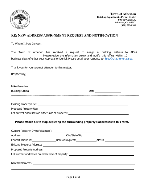 First page of the New Address Assignment Request and Notification